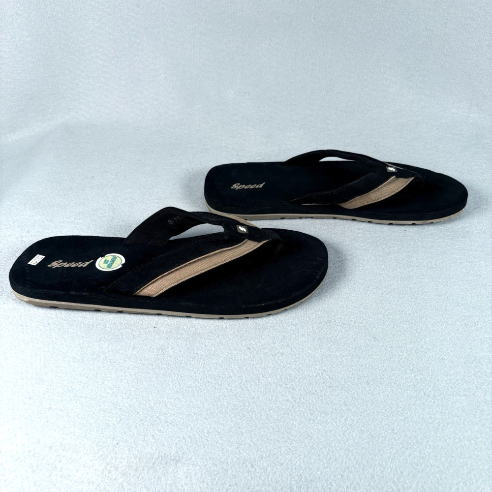 Speed Mens Size 10 Black Tan Flip Flops Thong Sandals Suede Style Summer